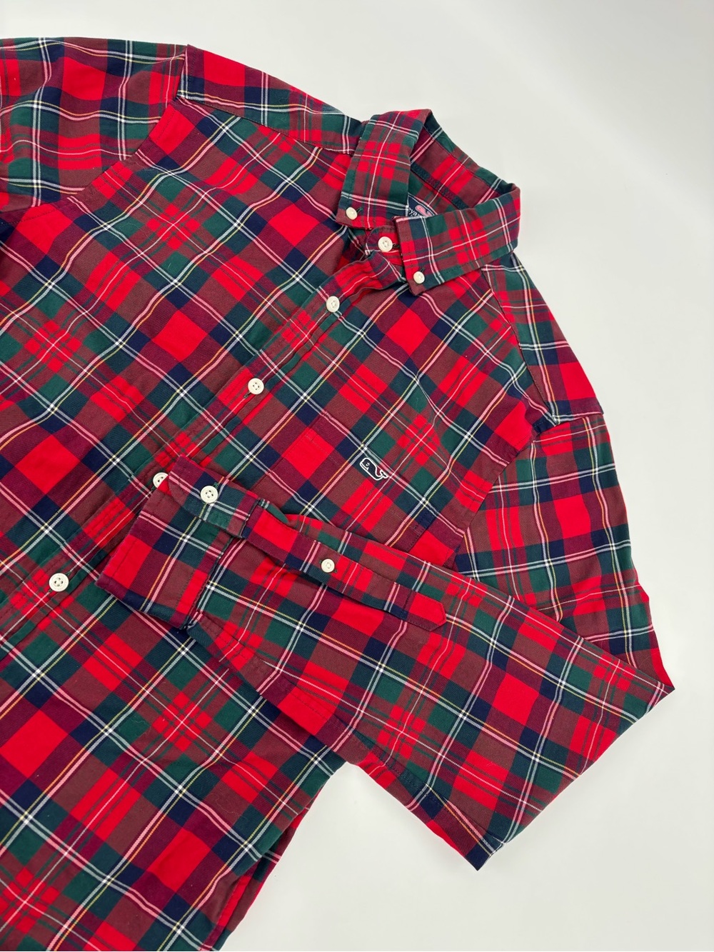 Vineyard Vines Men XS Trucker Shirt Red Green Plaid Whale Logo Classic Fit Stret